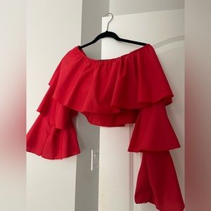 Boohoo off the shoulder ruffle crop top